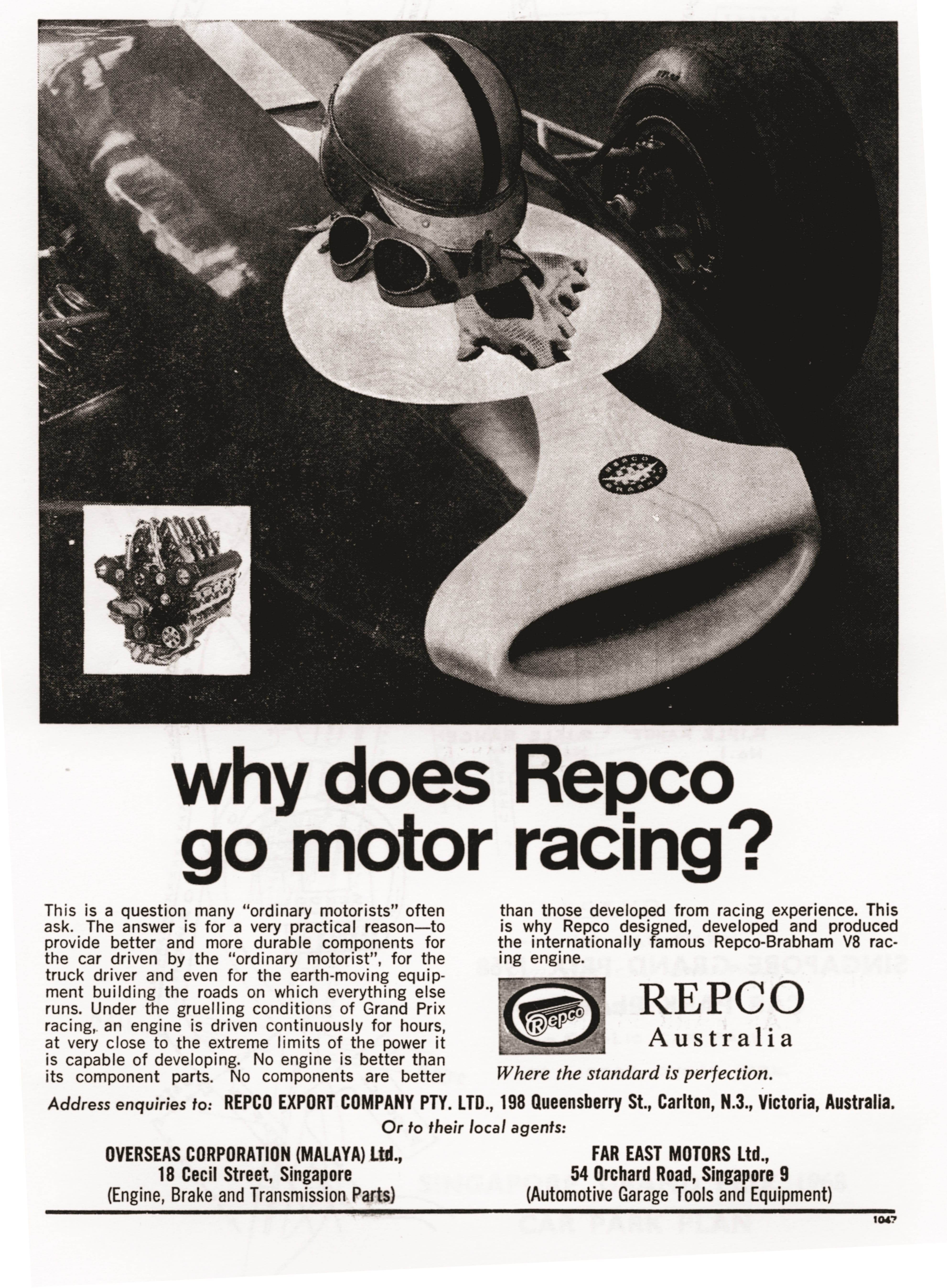 A Repco advert found in a Grand Prix program. In this instance, the Singapore Grand Prix program for 1968. Photos are from the author’s collection.